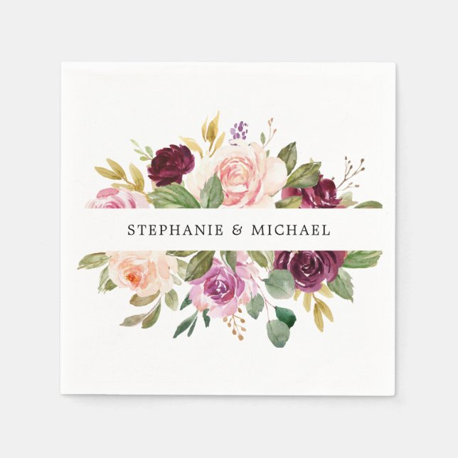 Plum Purple Blush Pink Botanical Floral Wedding Napkins (Front)