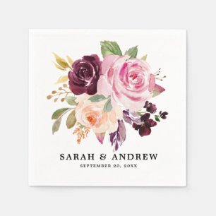 Plum Purple Blush Pink Botanical Floral Wedding Napkins