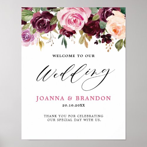 Plum Purple Blush Pink Botanical Floral Wedding Poster