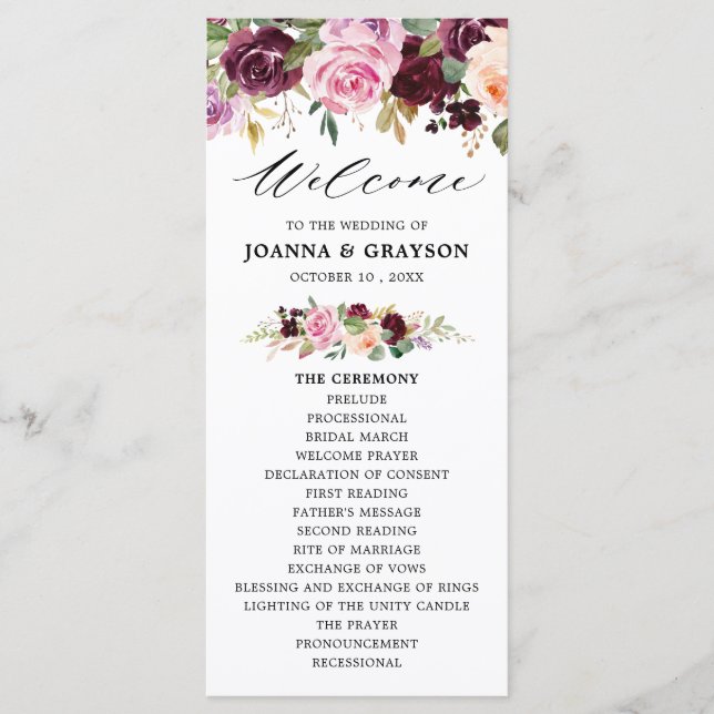 Plum Purple Blush Pink Botanical Floral Wedding Program (Front)