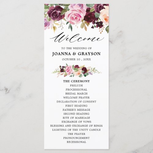 Plum Purple Blush Pink Botanical Floral Wedding Program