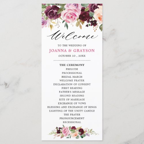 Plum Purple Blush Pink Botanical Floral Wedding Program