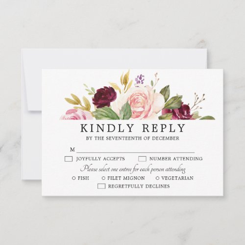 Plum Purple Blush Pink Botanical Floral Wedding RSVP Card