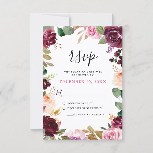 Plum Purple Blush Pink Botanical Floral Wedding RSVP Card