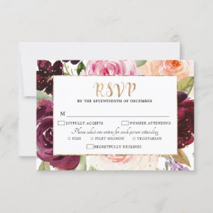 Plum Purple Blush Pink Botanical Floral Wedding RSVP Card