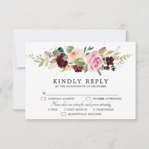 Plum Purple Blush Pink Botanical Floral Wedding RSVP Card