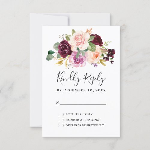 Plum Purple Blush Pink Botanical Floral Wedding RSVP Card