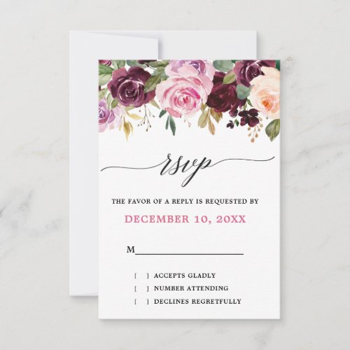 Plum Purple Blush Pink Botanical Floral Wedding RSVP Card