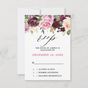 Plum Purple Blush Pink Botanical Floral Wedding RSVP Card