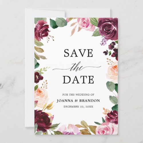Plum Purple Blush Pink Botanical Floral Wedding Save The Date