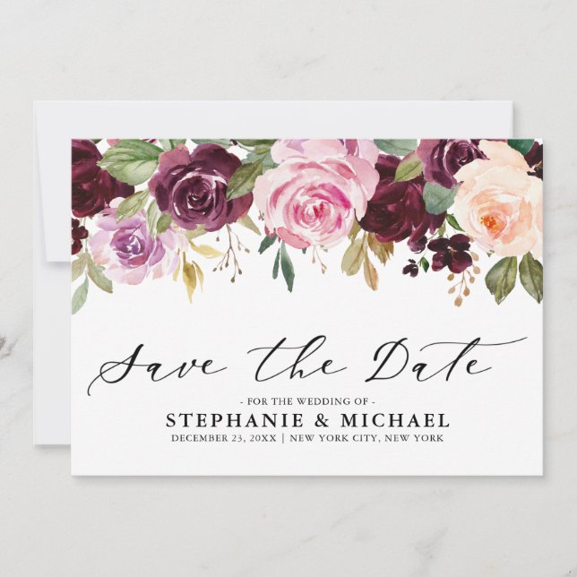 Plum Purple Blush Pink Botanical Floral Wedding Save The Date (Front)
