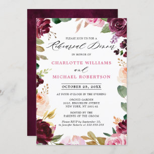 Plum Purple Blush Pink Botanical Rehearsal Dinner Invitation