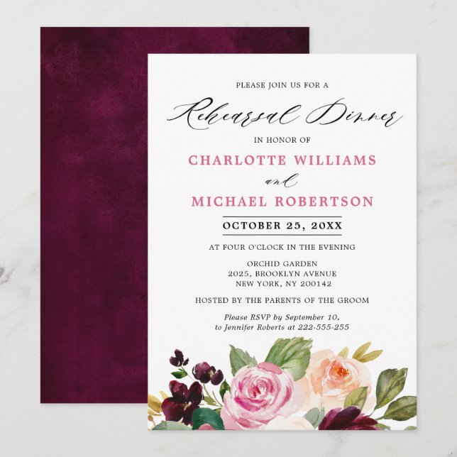 Plum Purple Blush Pink Botanical Rehearsal Dinner Invitation (Front/Back)