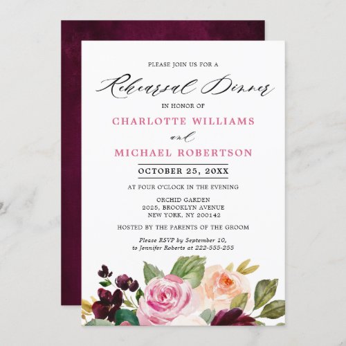 Plum Purple Blush Pink Botanical Rehearsal Dinner Invitation