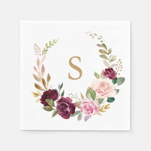 Plum Purple Blush Pink Botanical Wedding Napkins (Front)