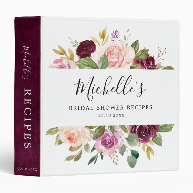 Plum Purple Blush Pink Bridal Shower Recipe 3 Ring Binder (Front/Spine)
