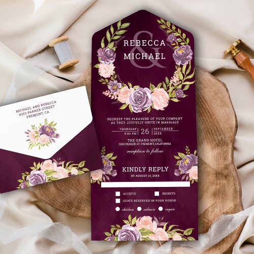 Plum Purple Blush Pink Floral Garland Wedding All In One Invitation