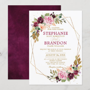 Plum Purple Blush Pink Geometric Floral Wedding Invitation
