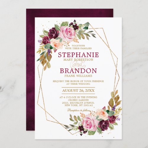 Plum Purple Blush Pink Geometric Floral Wedding Invitation
