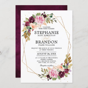 Plum Purple Blush Pink Geometric Floral Wedding Invitation