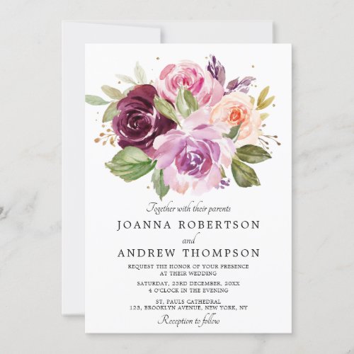 Plum Purple Blush Pink Geometric Floral Wedding Invitation