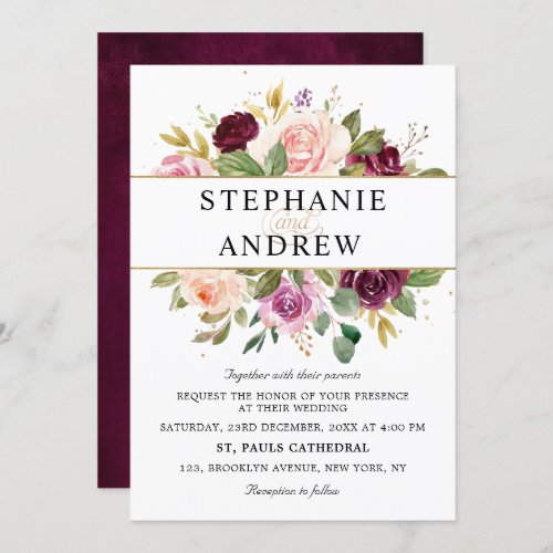 Plum Purple Blush Pink Geometric Floral Wedding Invitation