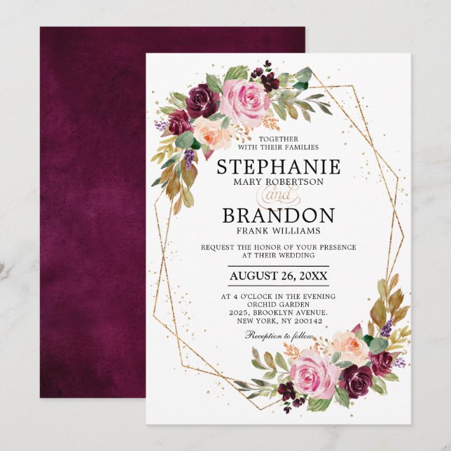 Plum Purple Blush Pink Geometric Floral Wedding Invitation (Front/Back)