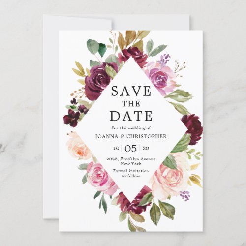 Plum Purple Blush Pink Geometric Floral Wedding Save The Date