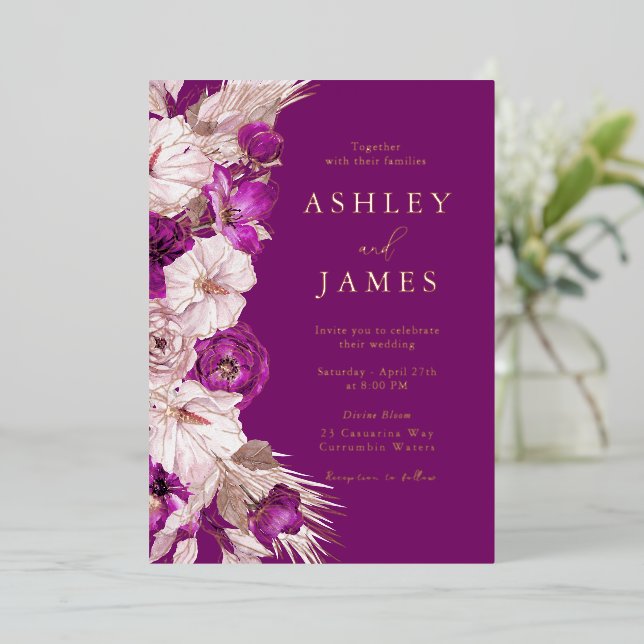 Plum Purple & Blush Rose Gold Foil Wedding Foil Invitation (Standing Front)