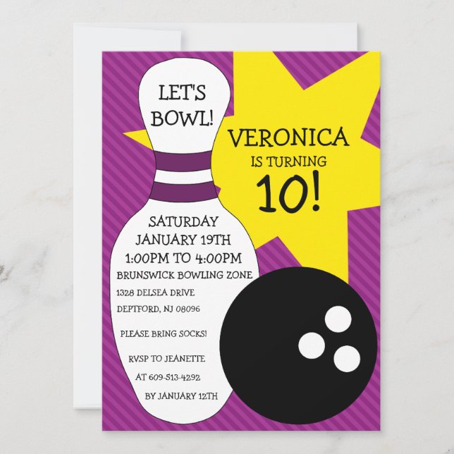 Plum Purple Bowling Bash Bowling Birthday Party Invitation (Front)