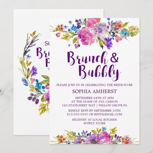Plum Purple Brunch and Bubbly Bridal Shower Invite (Front/Back)