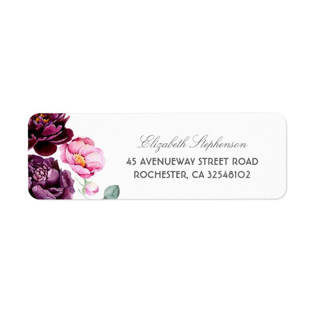 Plum Purple Burgundy and Blush Floral Wedding Label (Front)