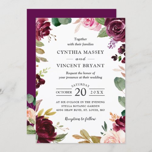 Plum Purple Burgundy Blush Floral Wedding Invitation