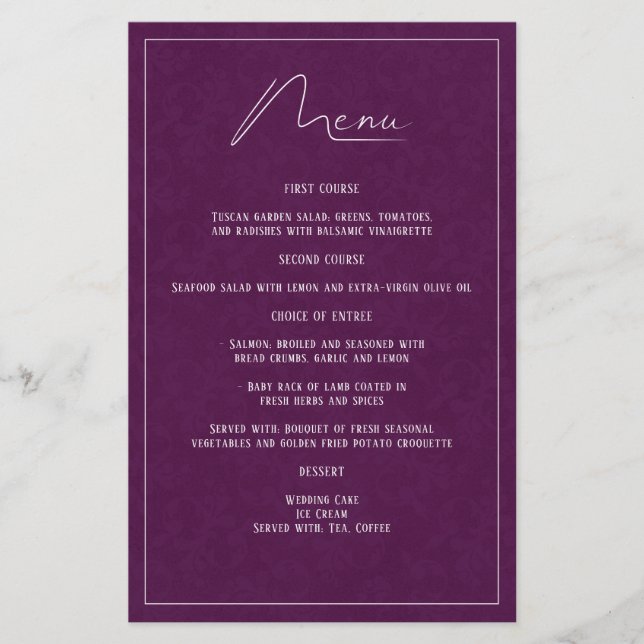 Plum Purple Damask Elegant Simple Wedding Menu (Front)
