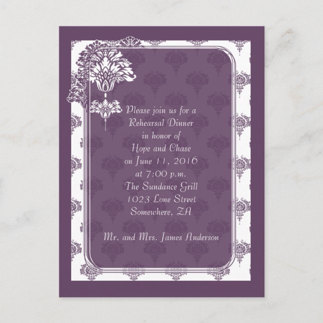 Plum Purple Damask Rehearsal Dinner Invitations (Front)