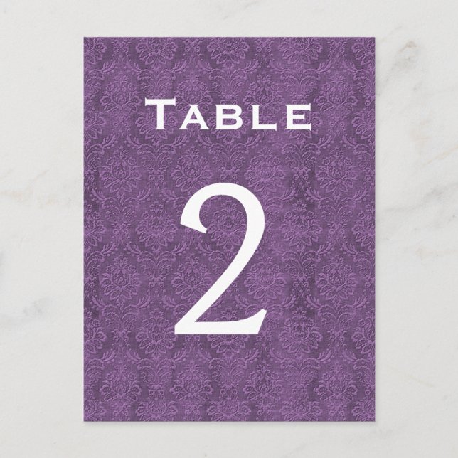 Plum Purple Damask Wedding Table Number 2 C201 (Front)