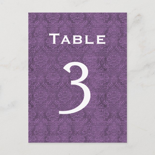 Plum Purple Damask Wedding Table Number 3 C202 (Front)
