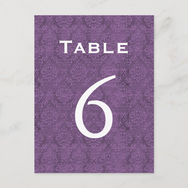 Plum Purple Damask Wedding Table Number 6 C205 (Front)
