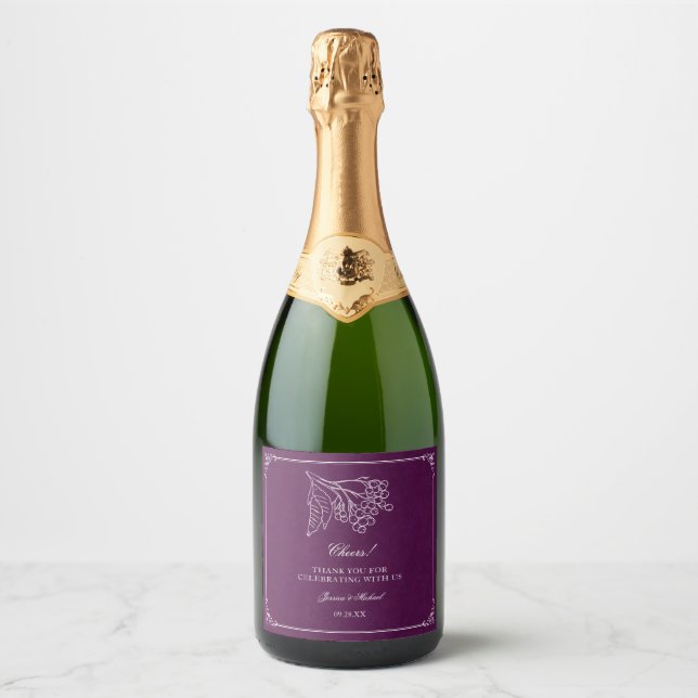 Plum Purple Delicate Leaf Outline Elegant Wedding Sparkling Wine Label (Front)