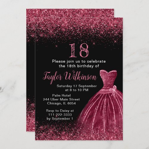 Plum Purple Dress Faux Glitter Birthday Party Invitation