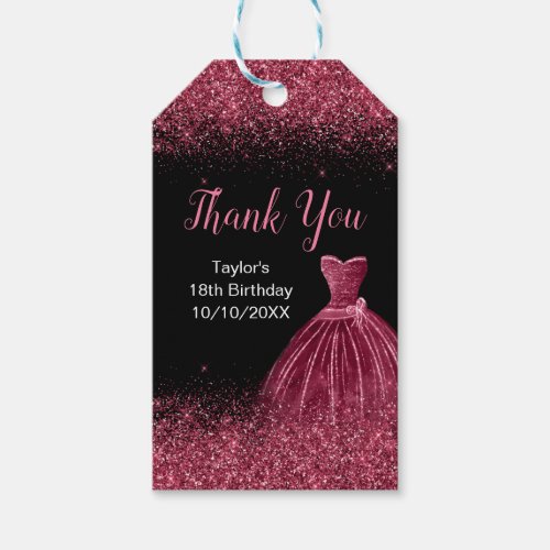 Plum Purple Dress Faux Glitter Birthday Thank You Gift Tags