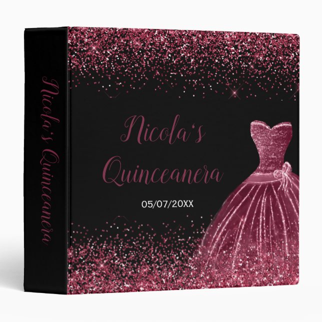 Plum Purple Dress Faux Glitter Quinceanera Album 3 Ring Binder (Front/Spine)