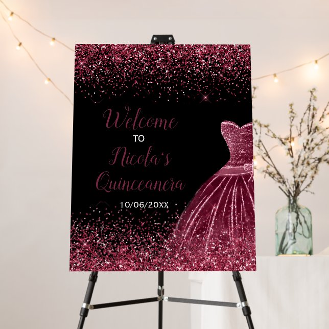 Plum Purple Dress Faux Glitter Quinceanera Welcome Foam Board (In Situ (Stand))