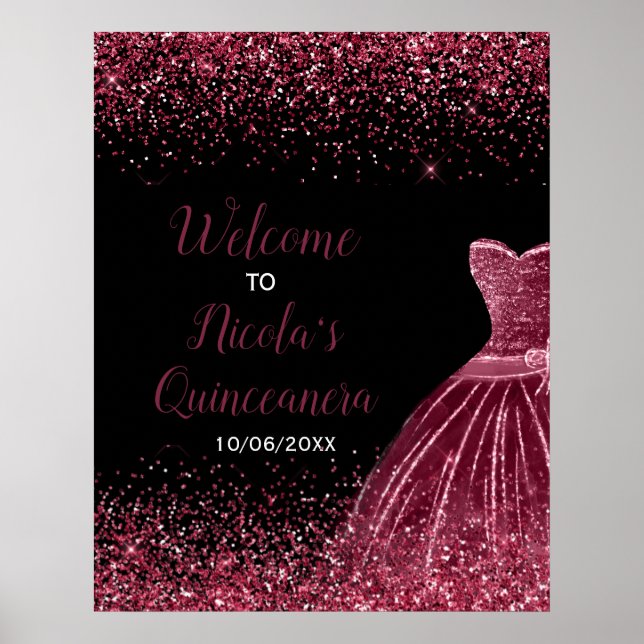 Plum Purple Dress Faux Glitter Quinceanera Welcome Poster (Front)