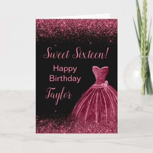 Plum Purple Dress Faux Glitter Sweet 16 Birthday Card