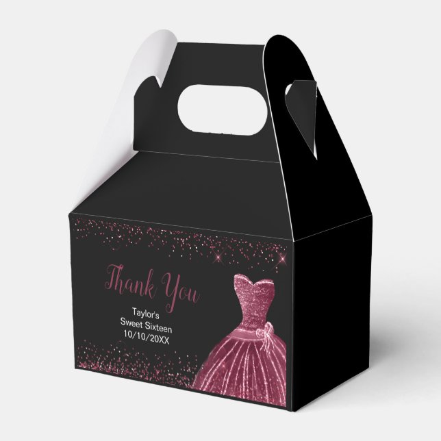 Plum Purple Dress Faux Glitter Sweet 16 Birthday Favor Boxes (Back Side)