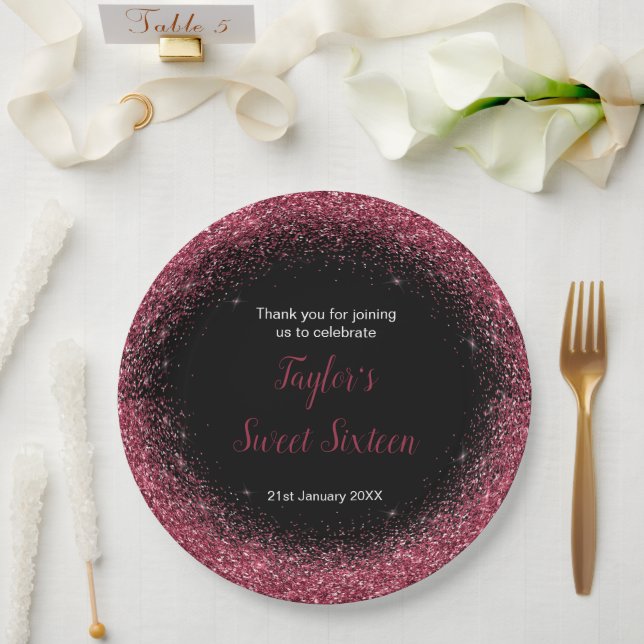 Plum Purple Dress Faux Glitter Sweet 16 Birthday Paper Plates (Wedding)