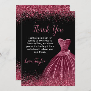 Plum Purple Dress Faux Glitter Sweet 16 Birthday Thank You Card