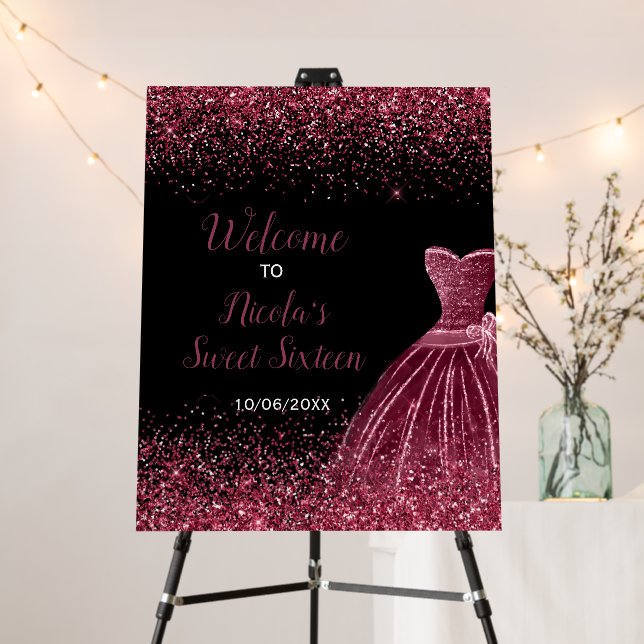 Plum Purple Dress Faux Glitter Sweet 16 Welcome Foam Board (In Situ (Stand))