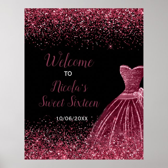 Plum Purple Dress Faux Glitter Sweet 16 Welcome Poster (Front)